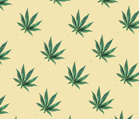 Fototapeta premium Pattern of green cannabis leaves on a beige background. Medical marijuana, top view