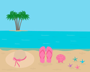 Fototapeta na wymiar Основные RGBGreeting card seascape summer slates hat starfish shell vector illustration