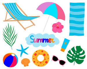 Fototapeta na wymiar Set summer sea beach palm trees swimsuit sunglasses cream shells starfish crab umbrella vector illustration