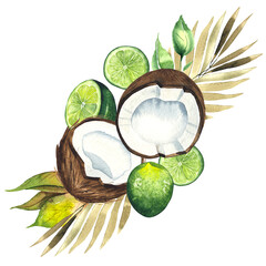 Watercolor hand painted bouquet with coconuts and limes, tropical flowers, palm leaves, branches and twigs.