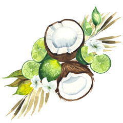 Watercolor hand painted bouquet with coconuts and limes, tropical flowers, palm leaves, branches and twigs.