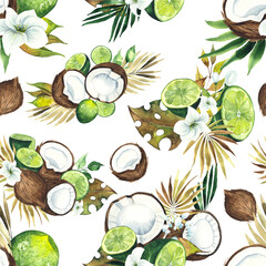 Watercolor handpainted seamless pattern with coconuts, limes and tropical  leaves 