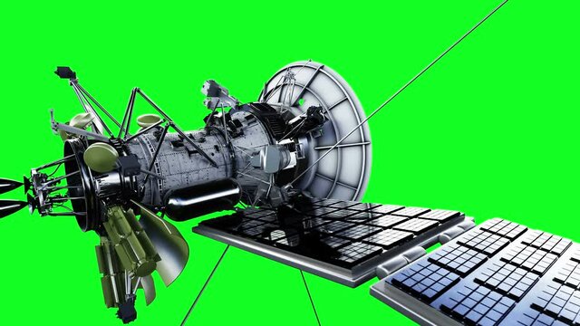 Satellite in space. Highly detailed, realistic motion and reflection. 4K green screen animation.
