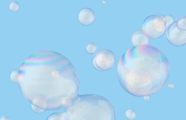Abstract 3d art with holographic floating liquid blobs, soap bubbles, metaballs.
