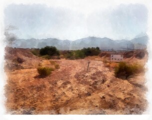 Digital watercolor paint effect image of the desert.
