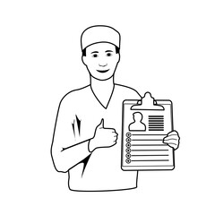 Smiling doctor with diagnosis, patiant card. Thumb up. Medical line art outline anatomy illustration.