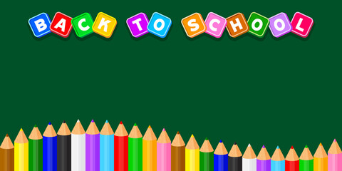 back to school text on blackboard school for banner background, colorful pencils crayon pastel cute in a row on green copy space, cute lettering back to school on chalkboard for alphabet writing