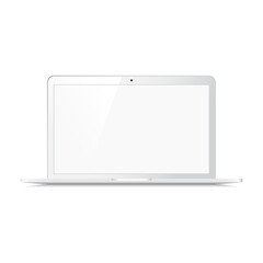Realistic white laptop illustration. Notebook isolated on white background. Mockup with blank screen