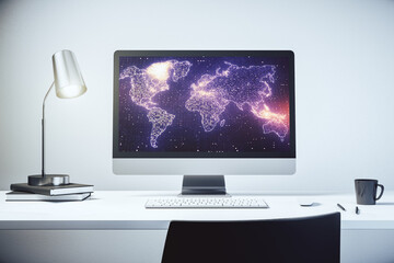 Abstract graphic world map on modern laptop screen, connection and communication concept. 3D Rendering