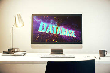 Modern computer screen with Database word sign, global research and analytics concept. 3D Rendering