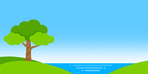 landscape tree on island and river background for copy space text, clip art simple tree, single tree and lagoon flat lay, tree on island hill and sky beautiful summer, lake or seascape cartoon style