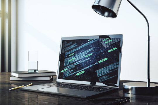 Modern computer display with abstract programming language hologram, artificial intelligence and machine learning concept. 3D Rendering