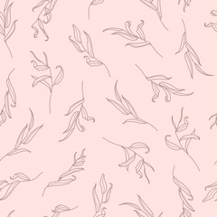 Willow Branch with Leaves Seamless Pattern in a Trendy Minimal Style. Floral Pink Vector Ornament