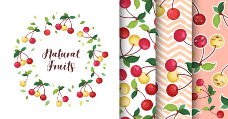 Vector collection of cute cartoon colorful cherries isolated on white background. Set of Illustration and seamless patterns design for t-shirt print, fabric, wallpaper, card