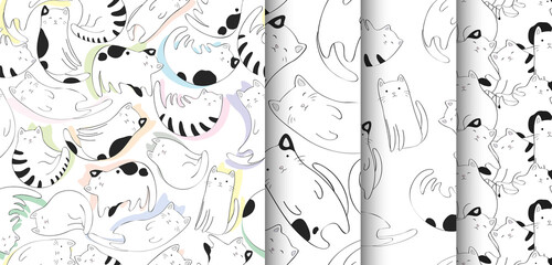 Vector seamless patterns collection with black and white hand drawn cute cats isolated on white background. Design for t-shirt print, fabric, wallpaper, card