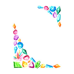 Corner frame - colorful rainbow crystals or blue, golden, green, pink, violet gems, isolated icons on white background, composition with gemstones, quartz, minerals, diamonds, flat vector illustration