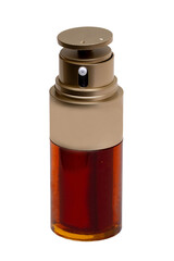 Essential oil liquid. Close-up of a brown glass spray bottle with a golden cap filled with beauty...