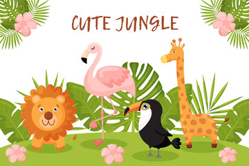 Cute postcard with animals and tropical leaves. Lion, Flamingo, Toucan and giraffe.