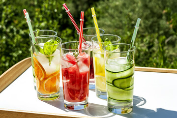 Iced summer drink. Refreshing multicolored alcol-free cocktails in glasses with straws....