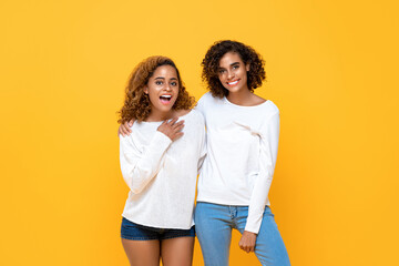 Portrait of two cheerful young African American women standing together while looking at camera in isolated studio yellow background