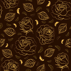 Seamless pattern in dark brown brown with gold roses, brocade fabric, classic background for your design.