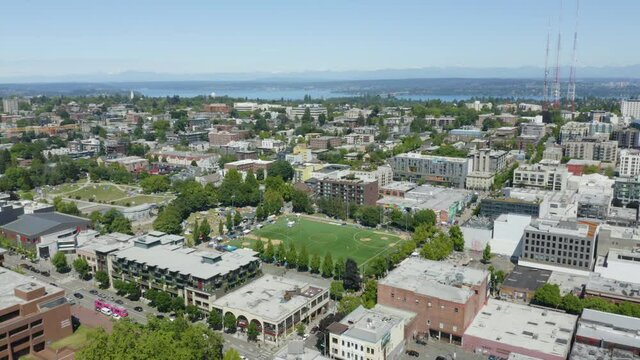 Drone Flies Above Capitol Hill Autonomous Zone In Seattle, Washington On Summer Afternoon Day