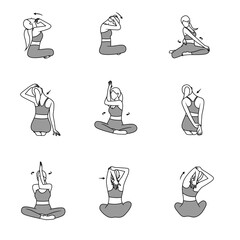 yoga pose for neck and shoulder stretching icon set