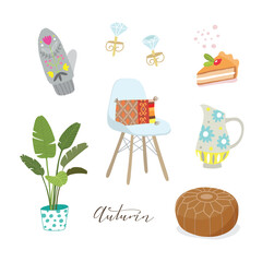 hand drawn cute objects interior, clothes, food 