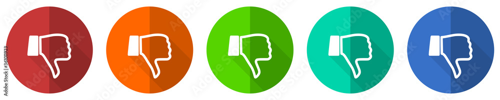 Poster dislike icon set, red, blue, green and orange flat design web buttons isolated on white background, 