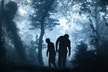 Two zombies in mysterious landscape of foggy forest