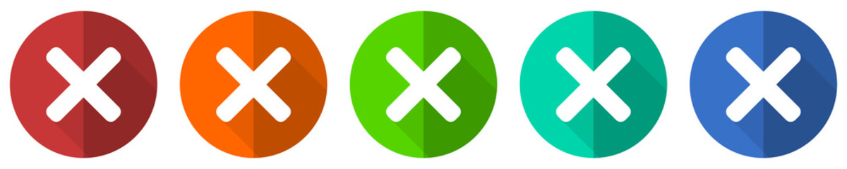 Cancel icon set, cross, red, blue, green and orange flat design web buttons isolated on white background, vector illustration