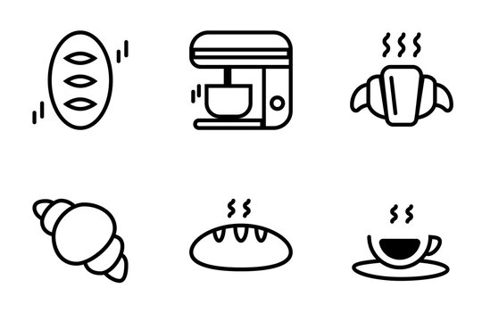 Icon set of baked bread dessert for coffe time, french crossiant and bread with black espresso hot coffee