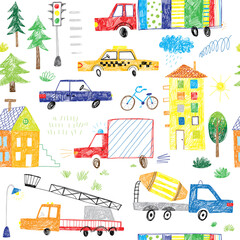 cute hand drawing kids cars and trucks doodle seamless pattern