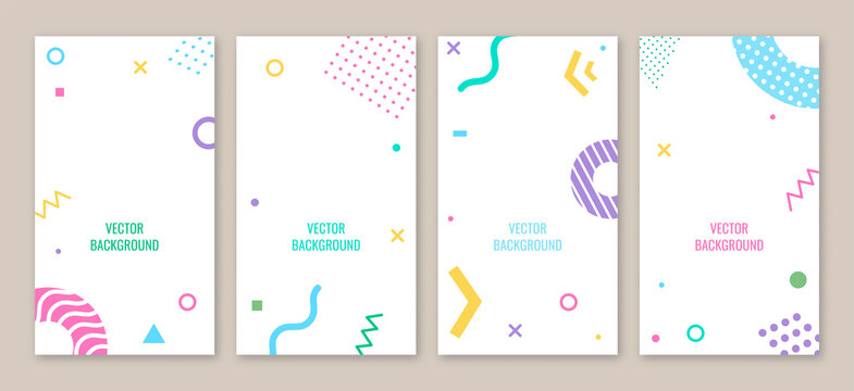 Set of abstract backgrounds with different halftone geometric shape, colorful geometric shapes, copy space for text. Vector. Creative backgrounds in minimal trendy style for social media stories