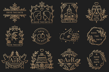 Wedding invitation card template. Vector Thin line geometric badge. Outline icon for save the date invitation card design. Modern minimalist design with wedding church, arch, rings and leaf, flowers