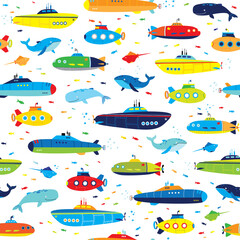 hand drawn bright kids submarine and whale seamless boys pattern