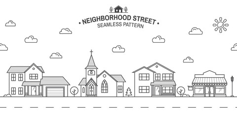 Neighborhood with home, store and church illustrated on white Vector thin line icon suburban american houses. For web design and application interface. Seamless pattern or background for wallpaper