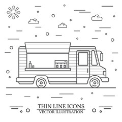 Modern minimalist food car design. Vector. Thin line icon food truck front. For web design and application interface, also useful for infographics.