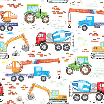 kids drawn construction trucks, tractor excavator crane cement mixer doodle seamless pattern