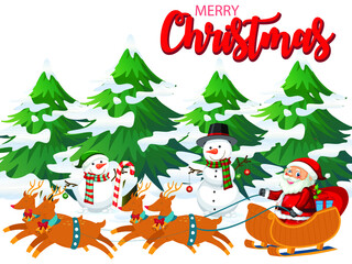 Christmas background with Santa driving his sleigh across the face of the moon on night and merry Christmas letters