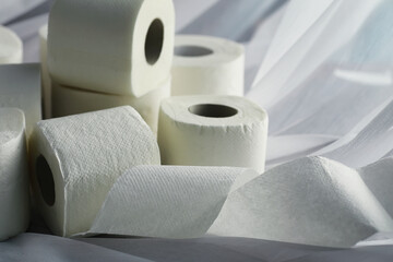 Toilet paper in a roll. Snow-white soft three-layer toilet paper. Lack of hygiene products. Primary protection and disinfection.