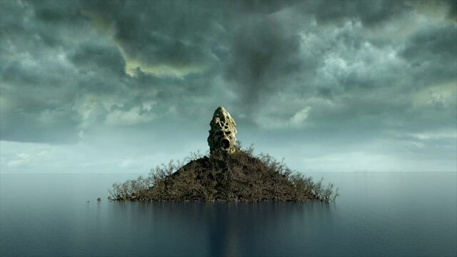 horror island in ocean. devilish screaming skull. Halloween concept. flock of bats