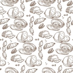 Meat products, sausages and ham slices seamless pattern