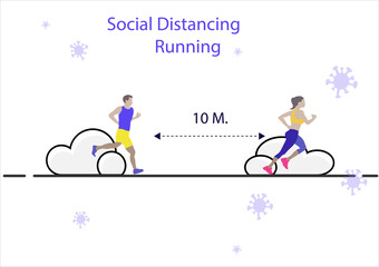 Fototapeta premium Social distancing exercise running outdoor. People running distance between people from each other. Training in sport club after covid-19 coronavirus quarantine. Flat vector exercise after pandemic