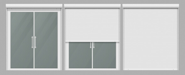 Window with roller shutter up and close. Plastic pvc double casement blinds. Opened and shut front view. Home facade design elements isolated on transparent background realistic 3d vector illustration
