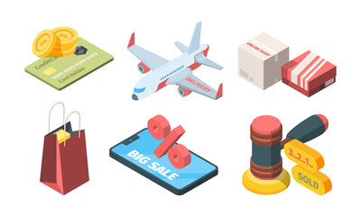 Sale goods in online store isometric set. Smatrphone big discount site boxes from online store quick delivery plane auction hammer last seconds sale creative shopping bag. Vector isometry