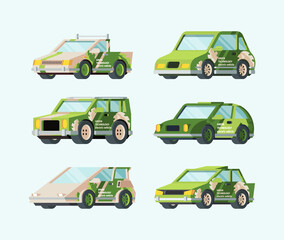 Naklejka premium Electric cars of future set. Stylish green design ecological transport modern futuristic car frame safe alternative energy renewable energy sources environmental care. Cartoon charging vector.