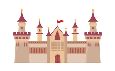 Gothic ancient citadel. Powerful walls high watchtowers red domes central entrance flag at top elongated windows loophole impregnable Prague castle. Elegant cartoon vector.