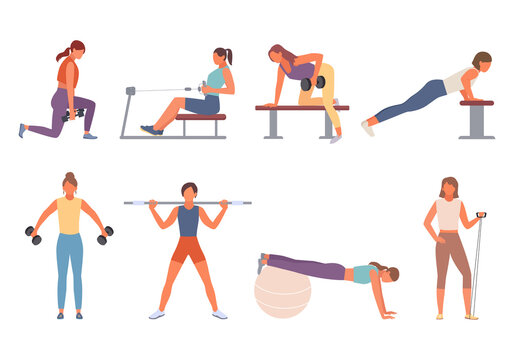 Fitness in gym set. Female character shakes triceps dumbbells squeezes out from fitness ball training biceps expander pushing up stool squatting barbell, athletic back muscles. Cartoon sport vector