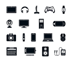Electronic gadgets silhouette icons set. Stylish joystick modern laptop system unit gaming mouse gamepad mp3 player webcam smartphone stereo smart watches headphones speakers. Vector silhouette icon. © alex_cardo